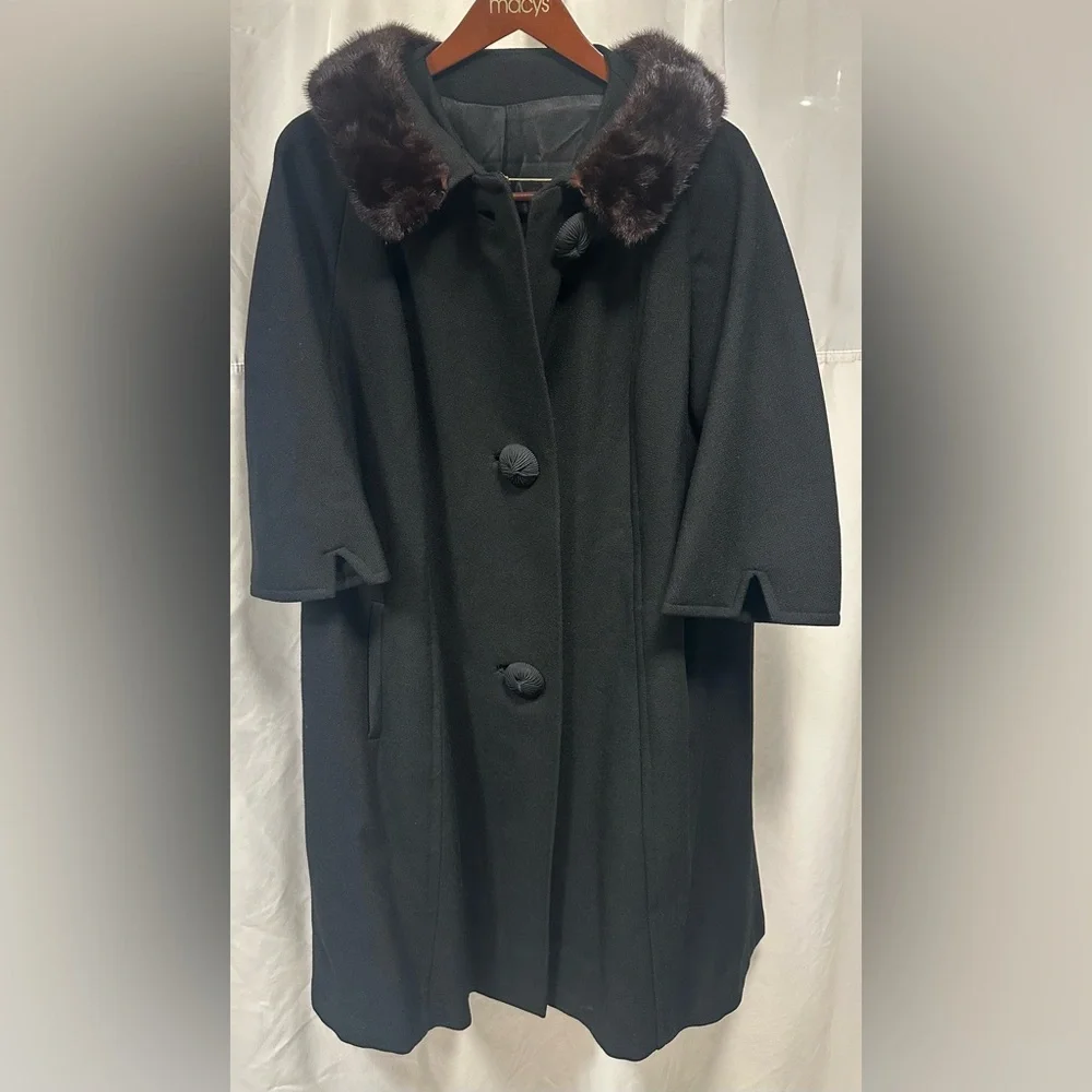 Vintage 60’s Braetan Juniors Black Coat Mink Collar Large EUC Union Made USA - Picture 5 of 12